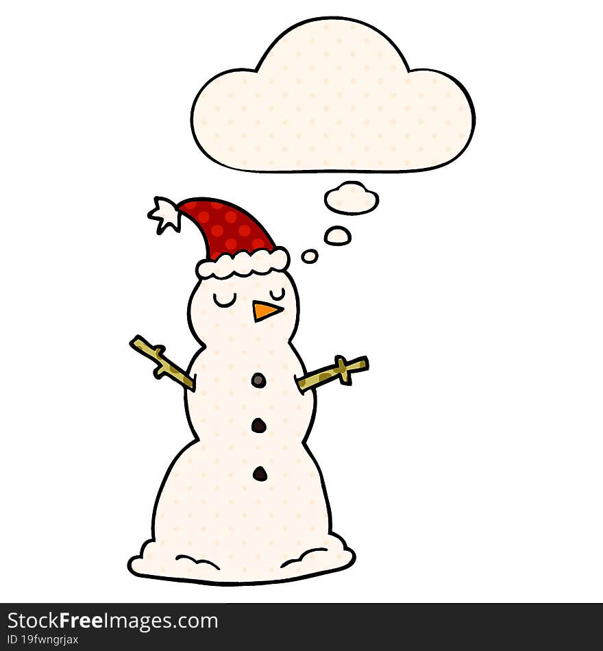 cartoon snowman and thought bubble in comic book style