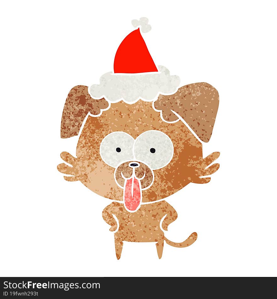 retro cartoon of a dog with tongue sticking out wearing santa hat