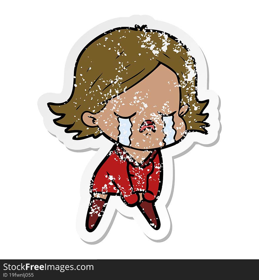 distressed sticker of a cartoon girl crying