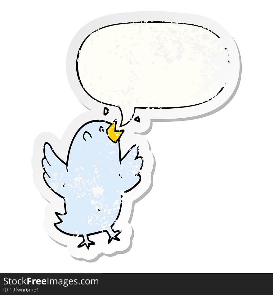 cartoon bird singing with speech bubble distressed distressed old sticker. cartoon bird singing with speech bubble distressed distressed old sticker