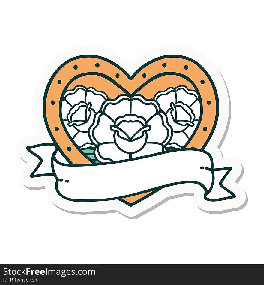 sticker of tattoo in traditional style of a heart and banner with flowers. sticker of tattoo in traditional style of a heart and banner with flowers