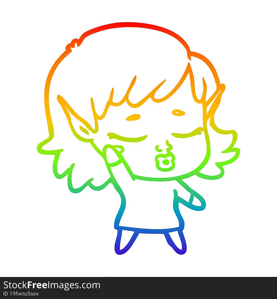 rainbow gradient line drawing of a pretty cartoon elf girl