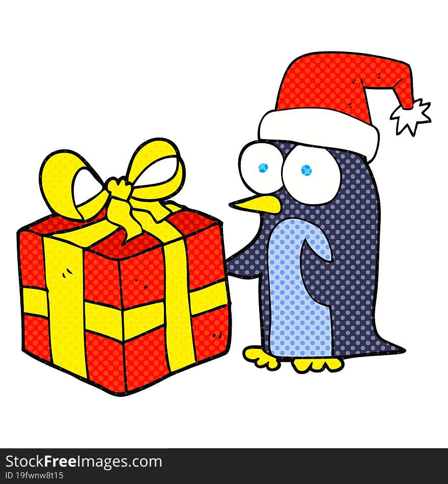 comic book style cartoon christmas penguin with present