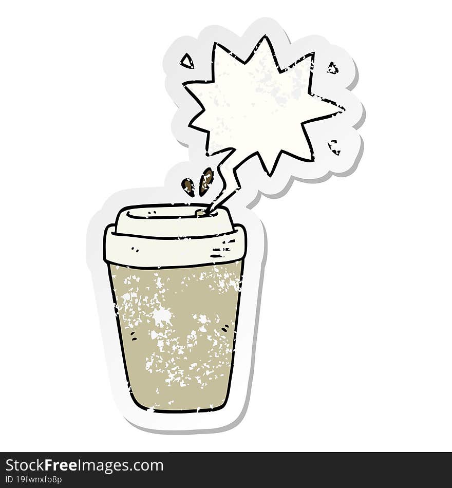 cartoon coffee cup and speech bubble distressed sticker