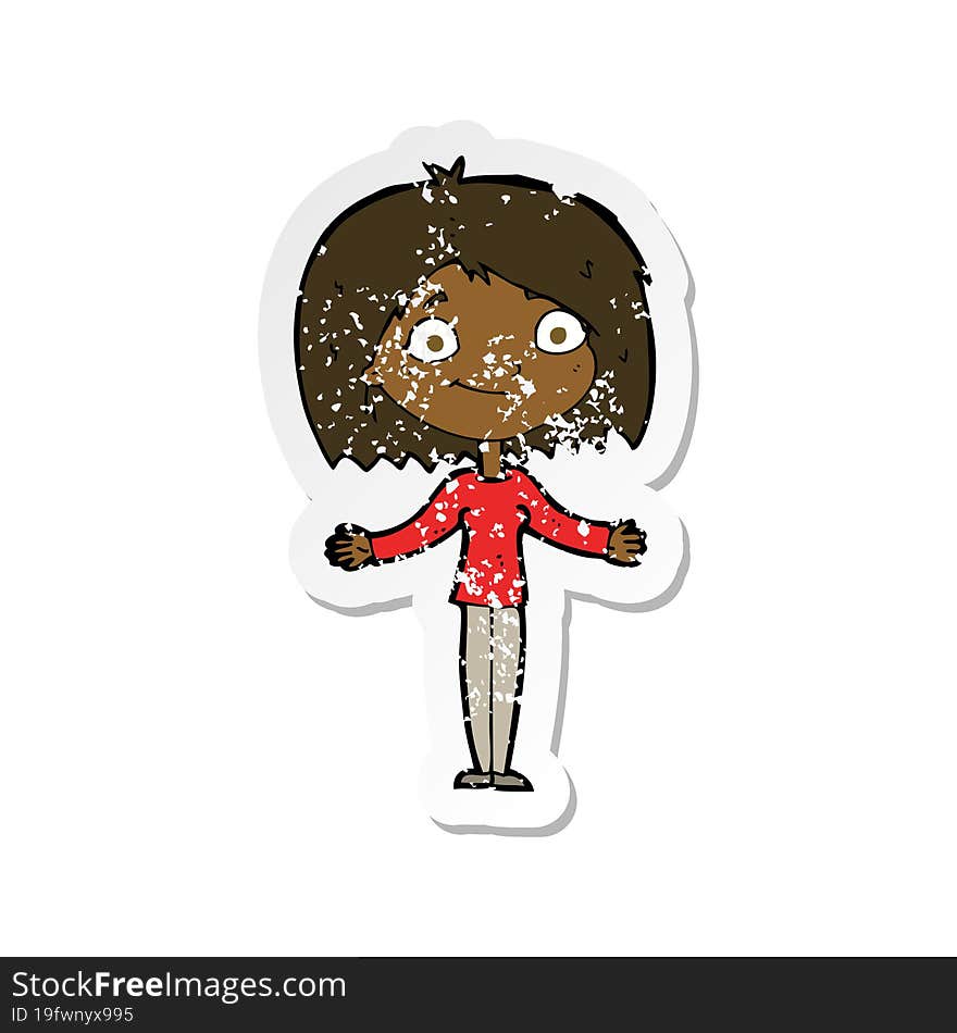 Retro Distressed Sticker Of A Cartoon Woman Shrugging Shoulders