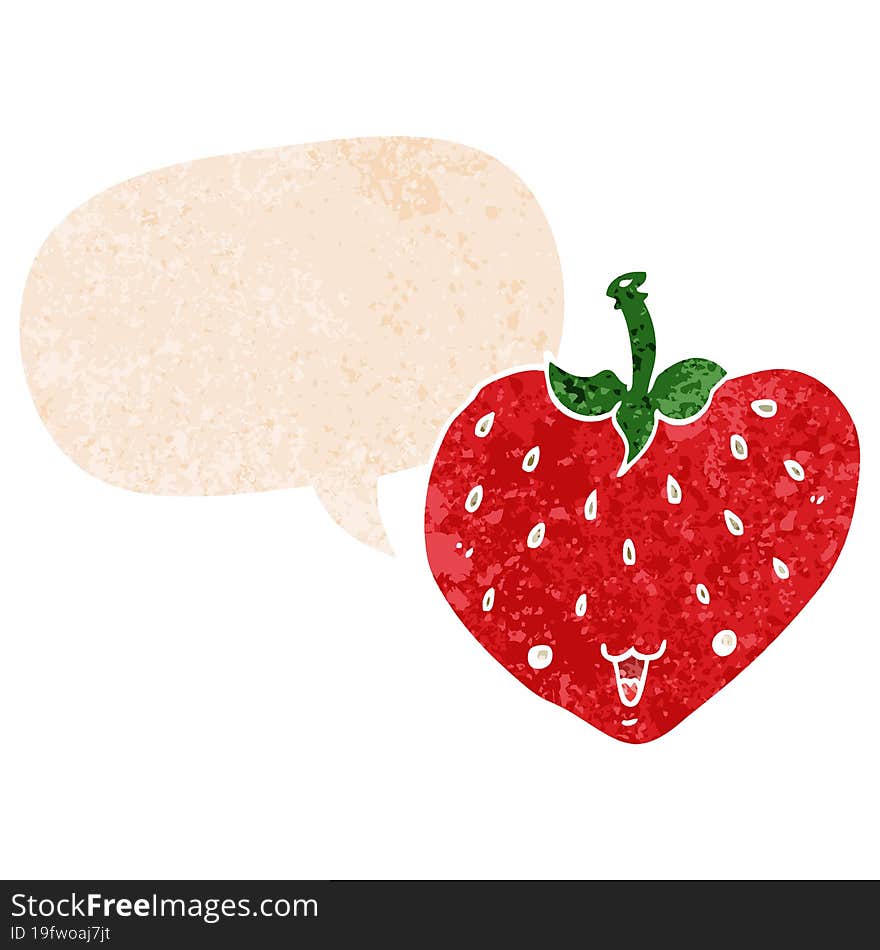 cartoon strawberry and speech bubble in retro textured style