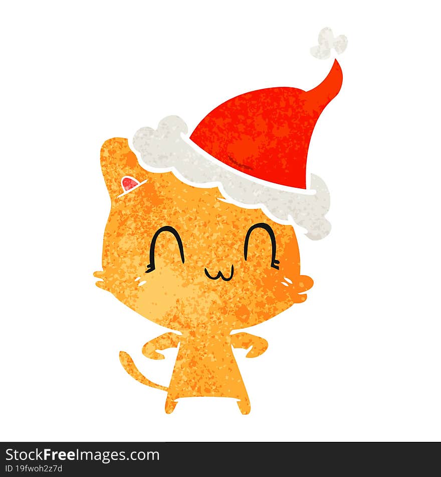 retro cartoon of a happy cat wearing santa hat