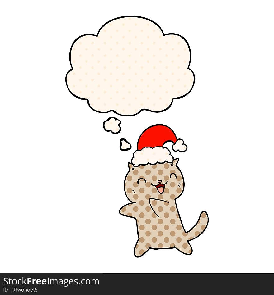 cute cartoon christmas cat with thought bubble in comic book style