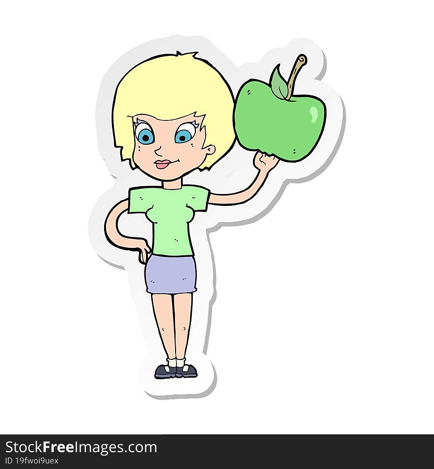 Sticker Of A Cartoon Woman Holding Apple