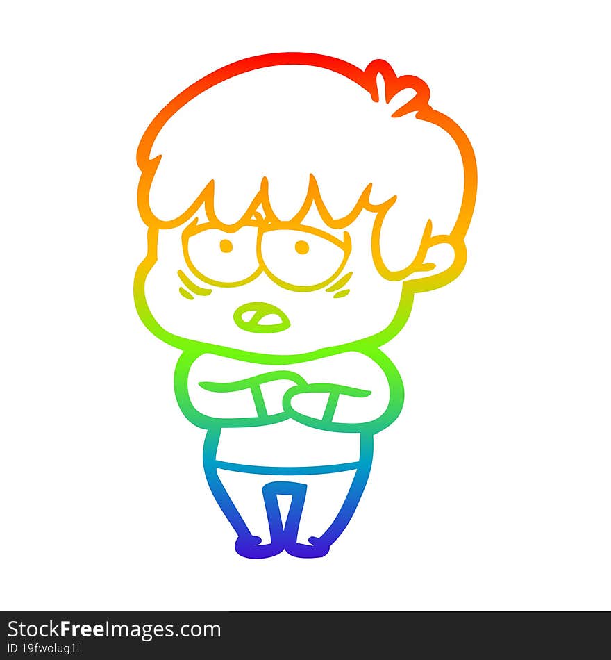 rainbow gradient line drawing cartoon exhausted boy