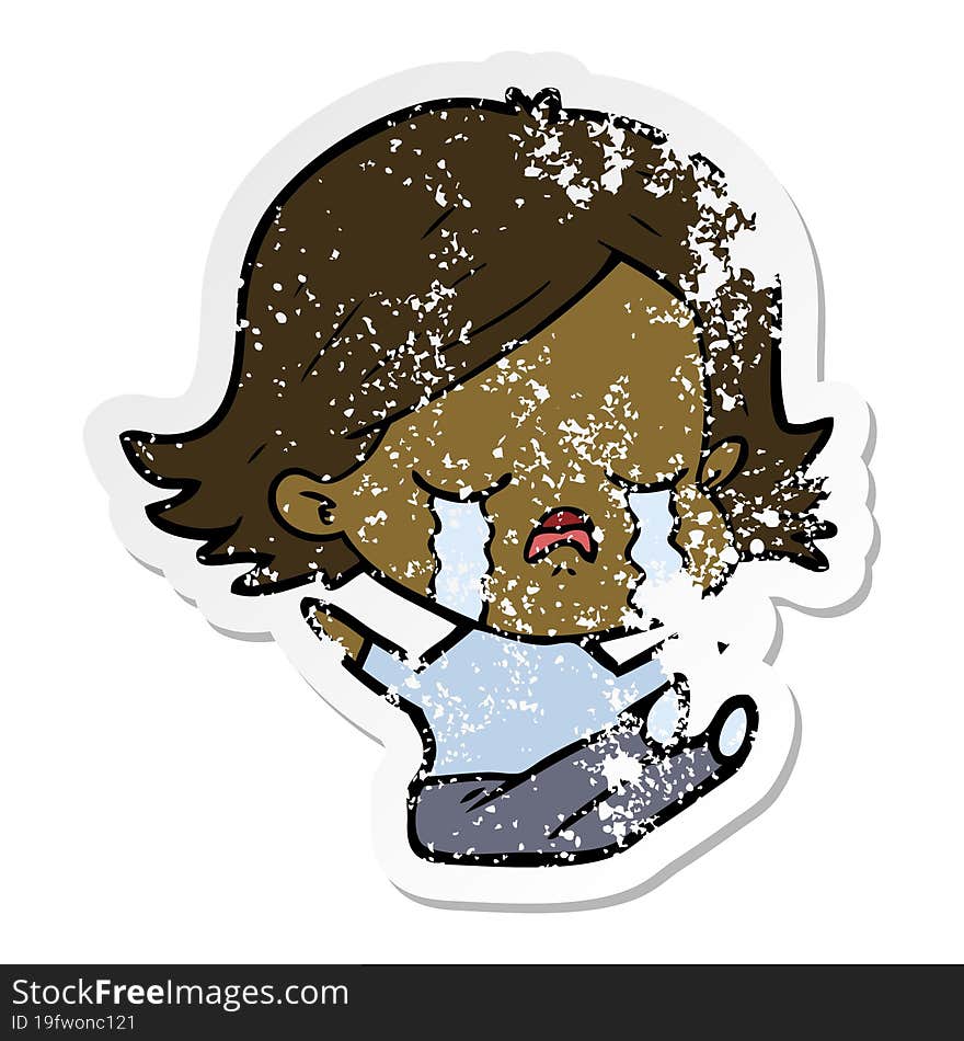 distressed sticker of a cartoon girl crying