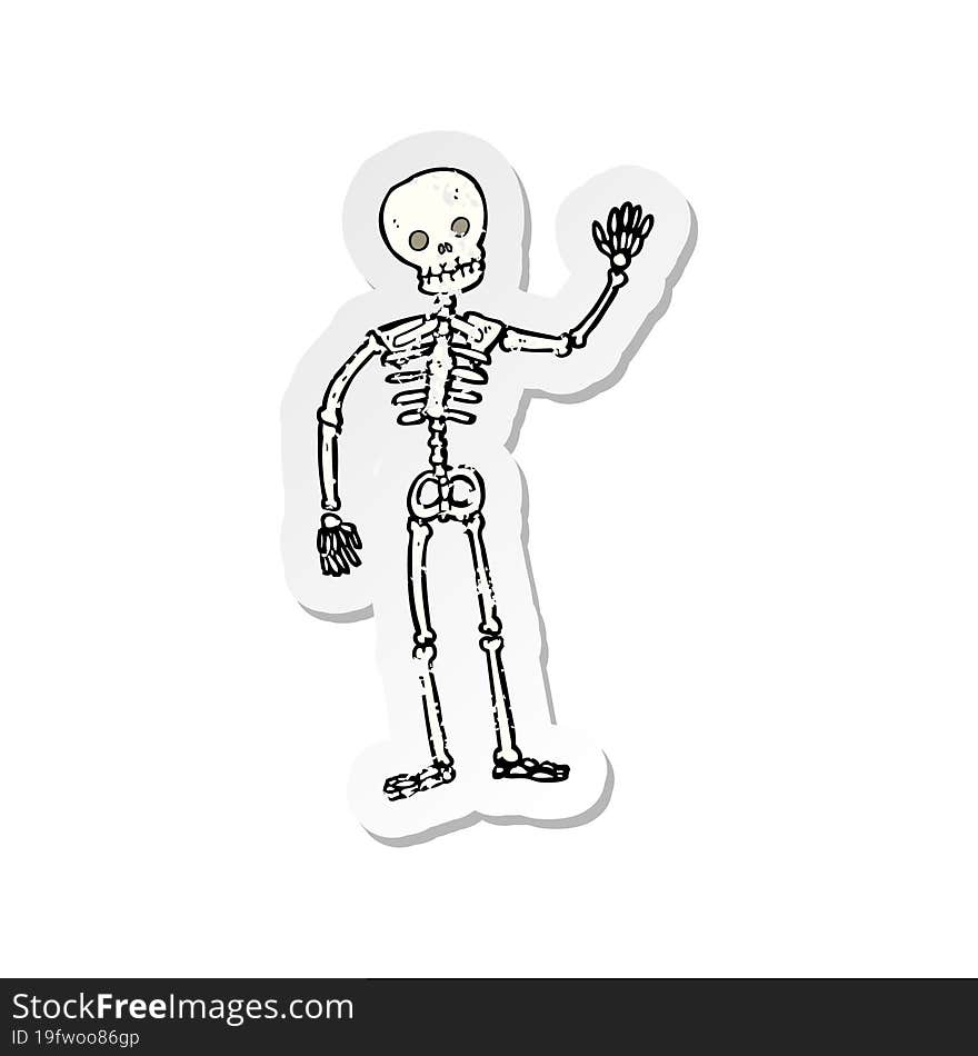 retro distressed sticker of a cartoon waving skeleton