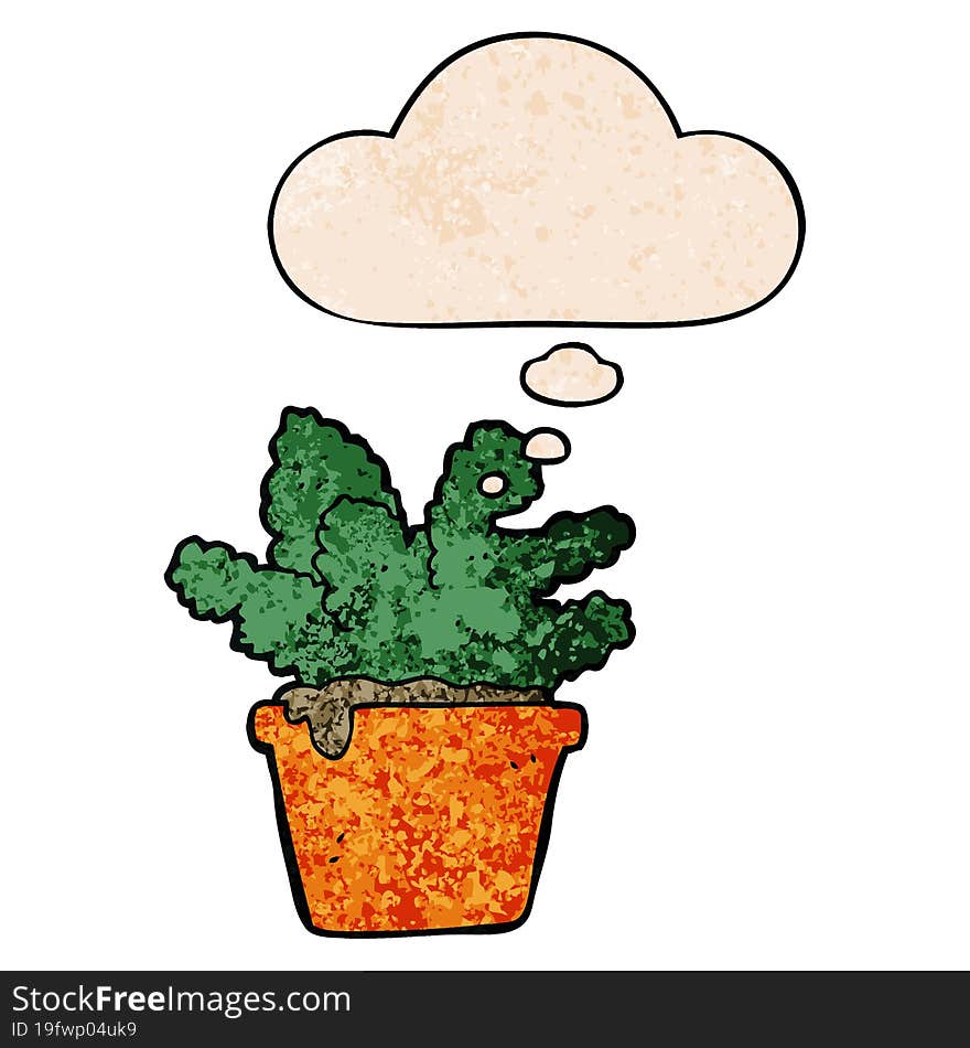 cartoon house plant and thought bubble in grunge texture pattern style