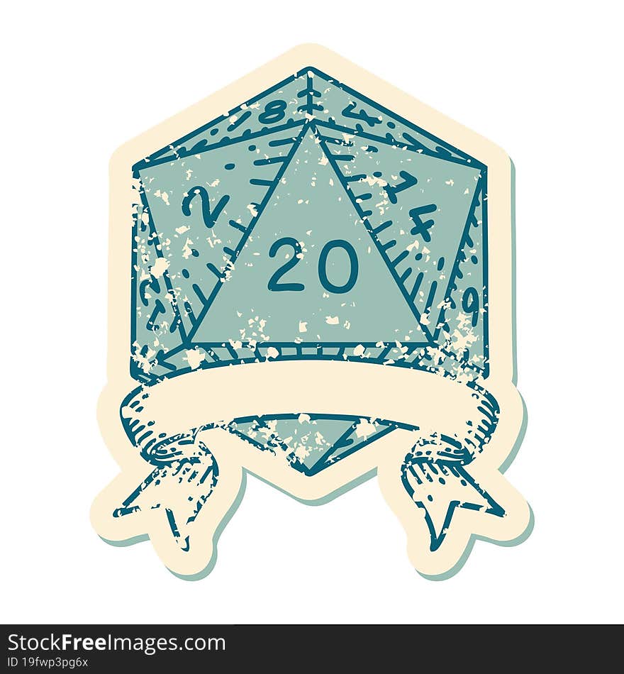 Retro Tattoo Style natural 20 critical hit D20 dice roll. Retro Tattoo Style natural 20 critical hit D20 dice roll