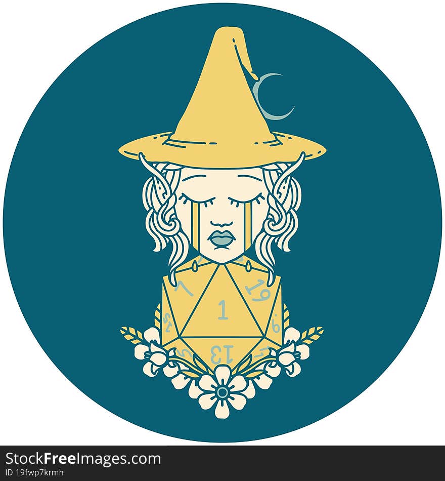 Crying Elf Witch With Natural One D20 Roll Illustration