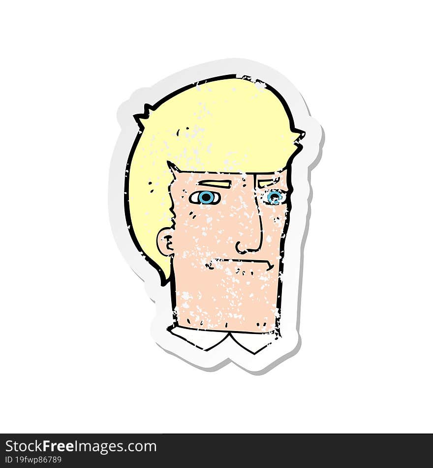 retro distressed sticker of a cartoon man narrowing eyes