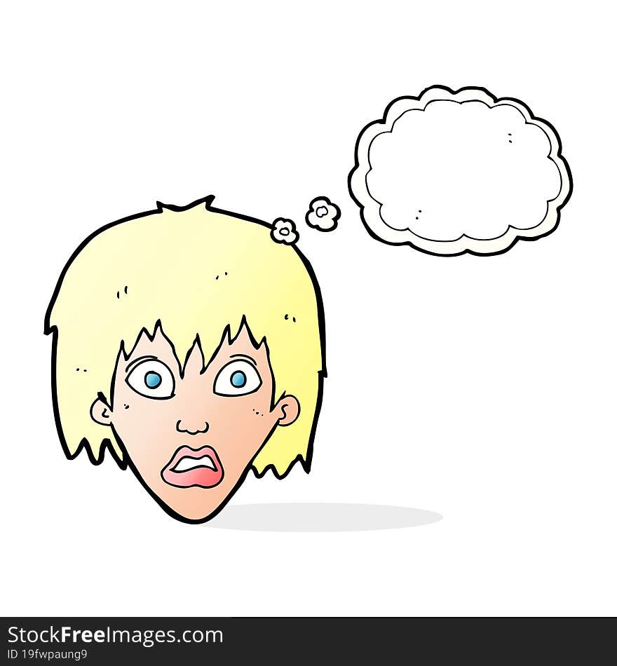 cartoon frightened woman with thought bubble