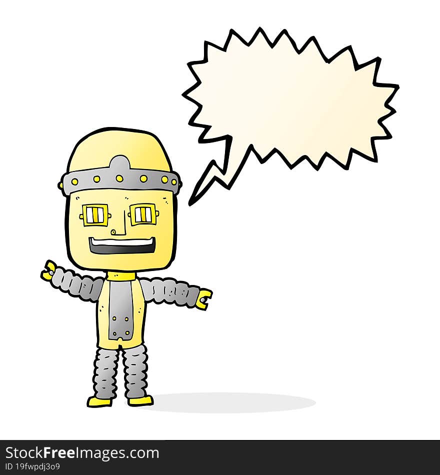 Cartoon Waving Robot With Speech Bubble