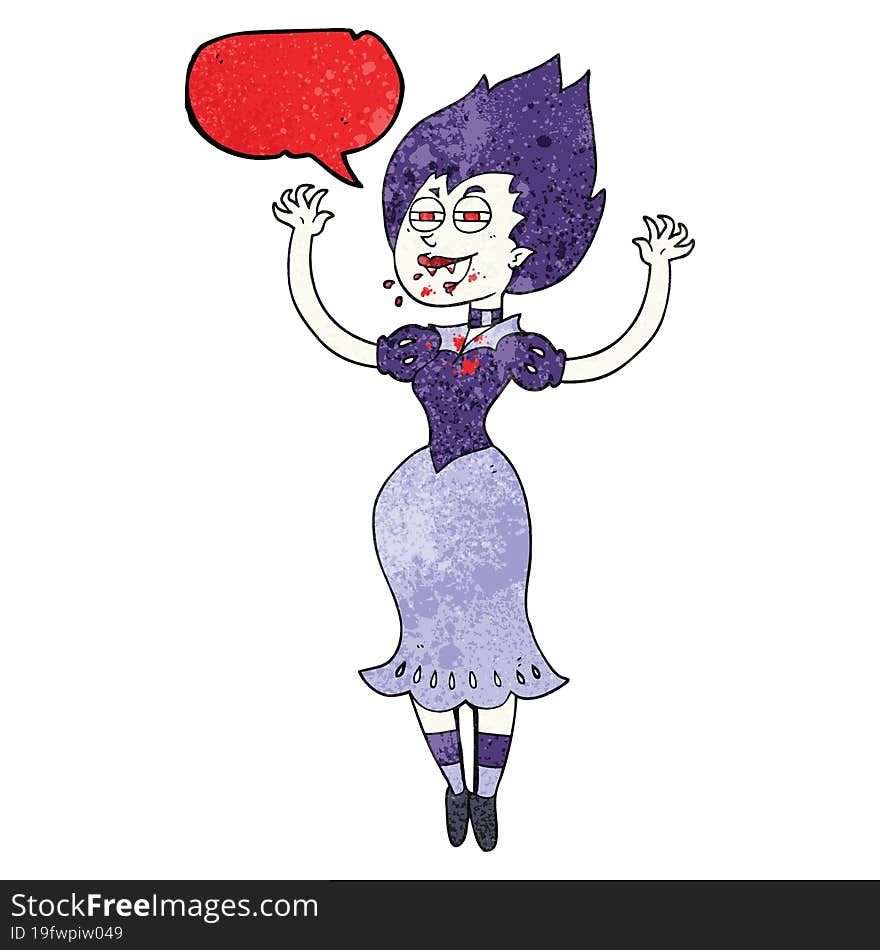 speech bubble textured cartoon vampire girl with bloody mouth