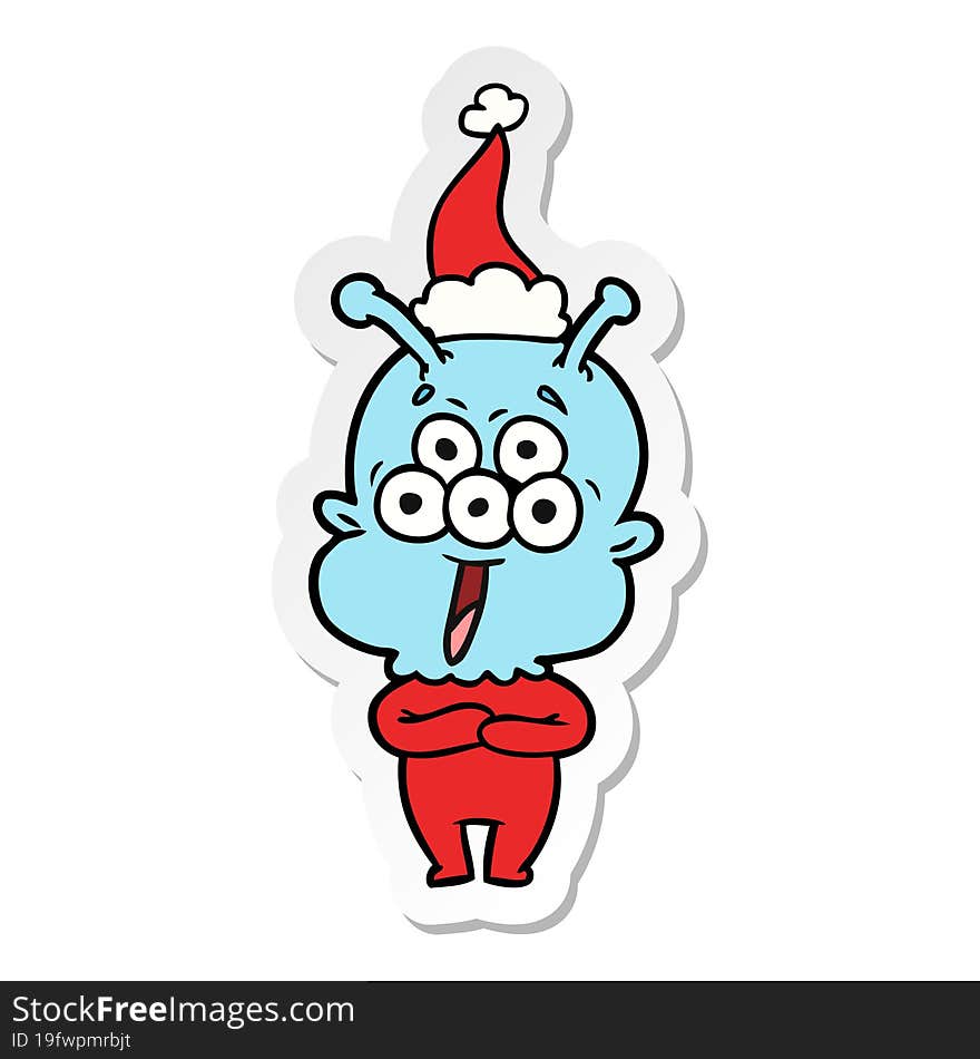 happy sticker cartoon of a alien wearing santa hat