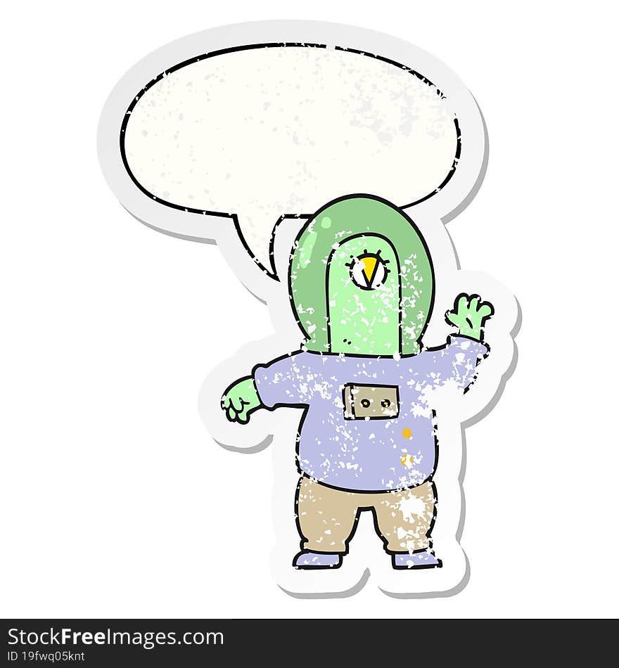 cartoon space alien and speech bubble distressed sticker