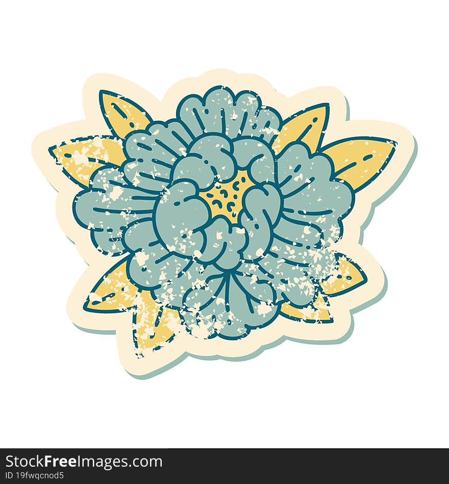 Distressed Sticker Tattoo Style Icon Of A Blooming Flower