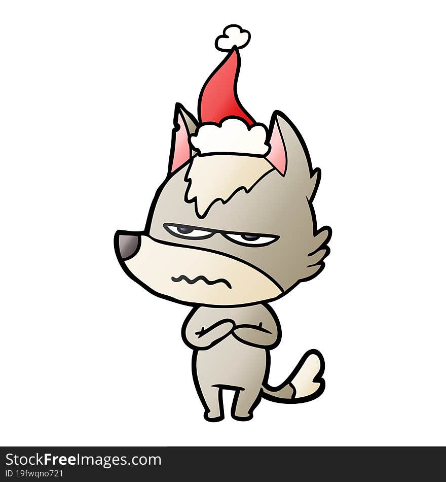 gradient cartoon of a annoyed wolf wearing santa hat