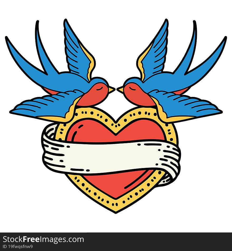 tattoo in traditional style of swallows and a heart with banner. tattoo in traditional style of swallows and a heart with banner