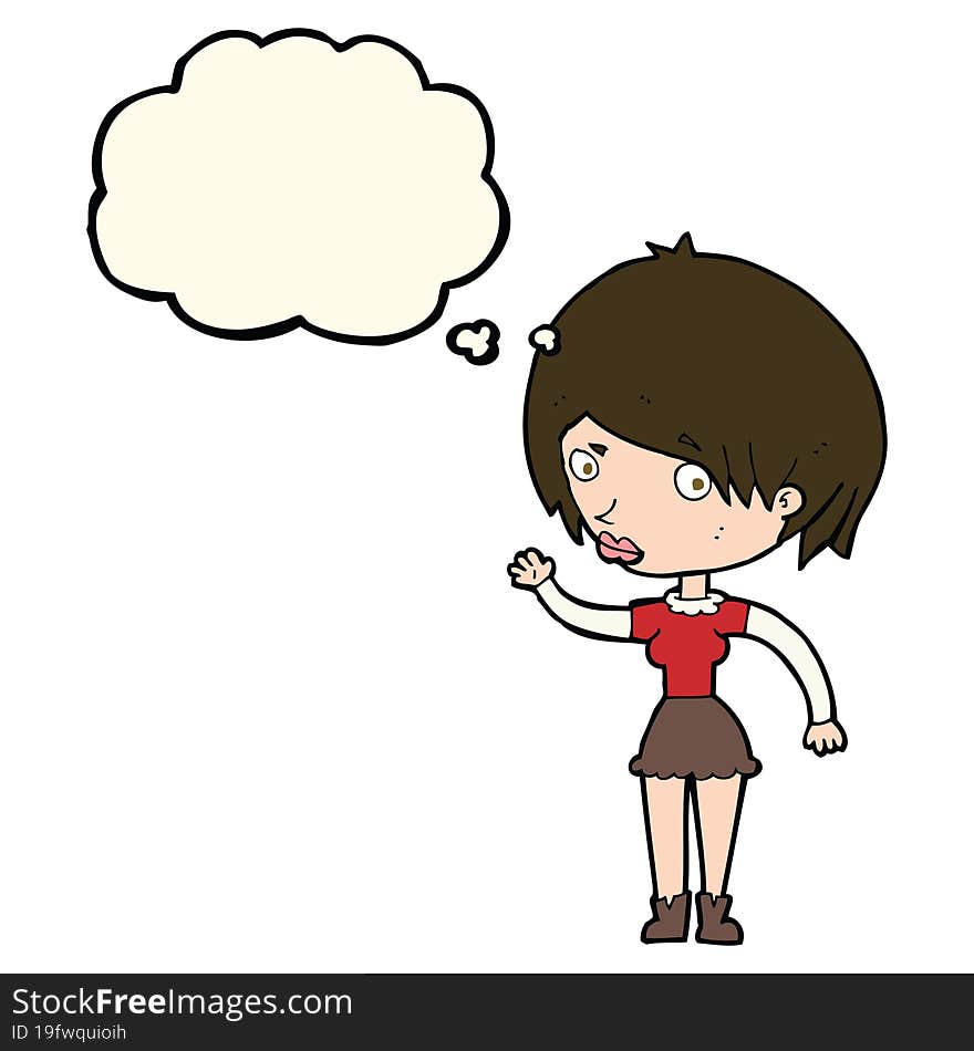 cartoon waving woman with thought bubble