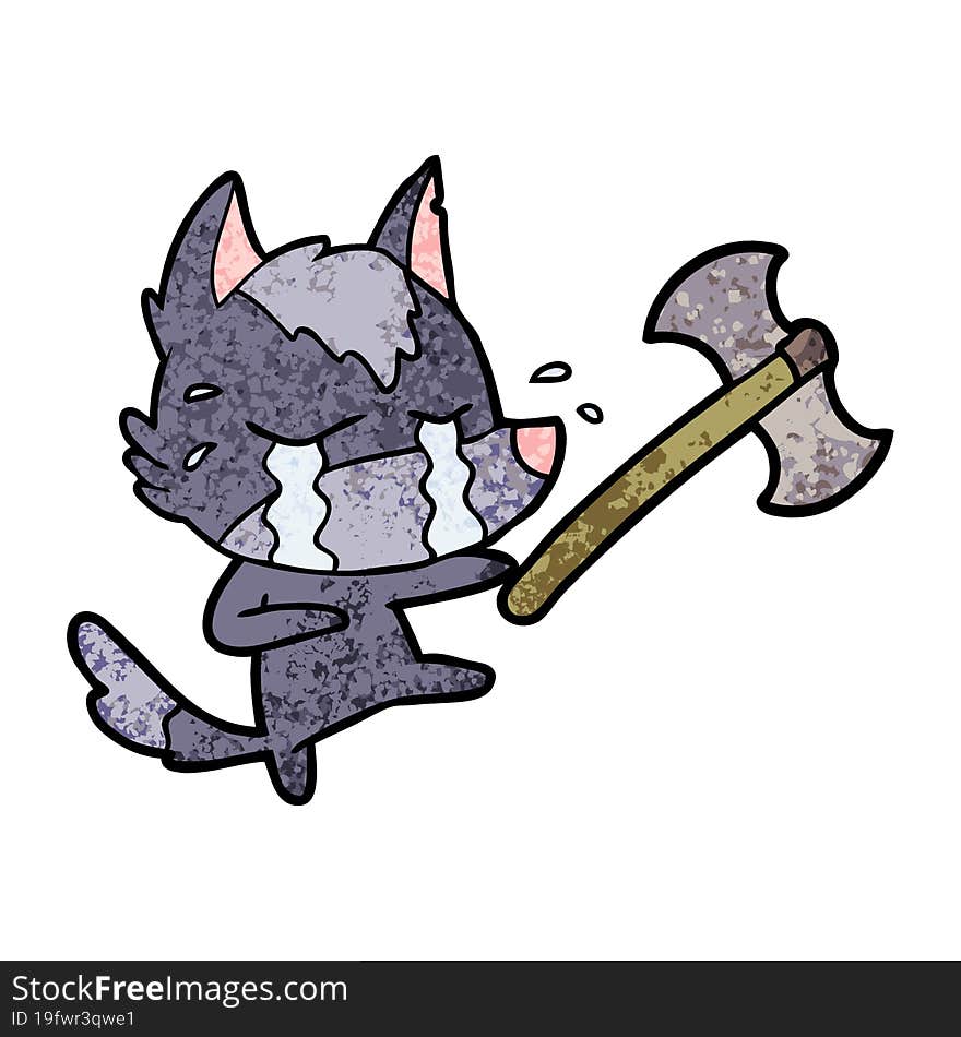 cartoon crying wolf throwing axe. cartoon crying wolf throwing axe