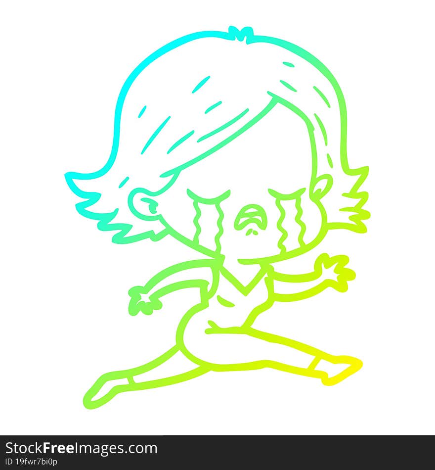 cold gradient line drawing cartoon girl crying whilst running