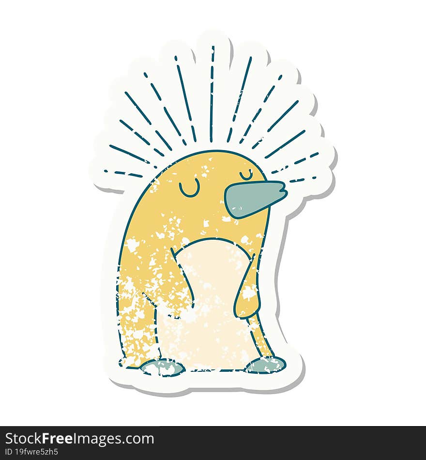 grunge sticker of tattoo style happy penguin