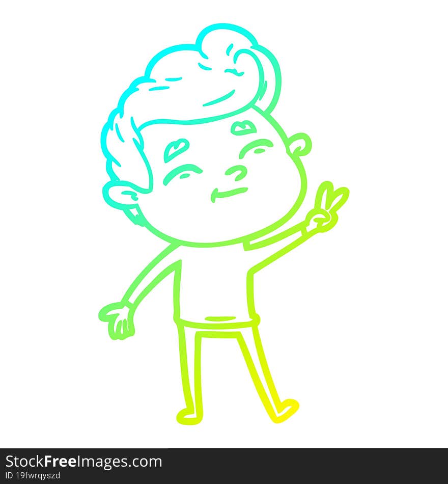 cold gradient line drawing happy cartoon man giving a peace sign