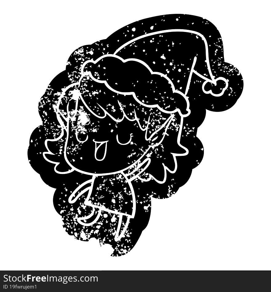 cartoon distressed icon of a elf girl wearing santa hat