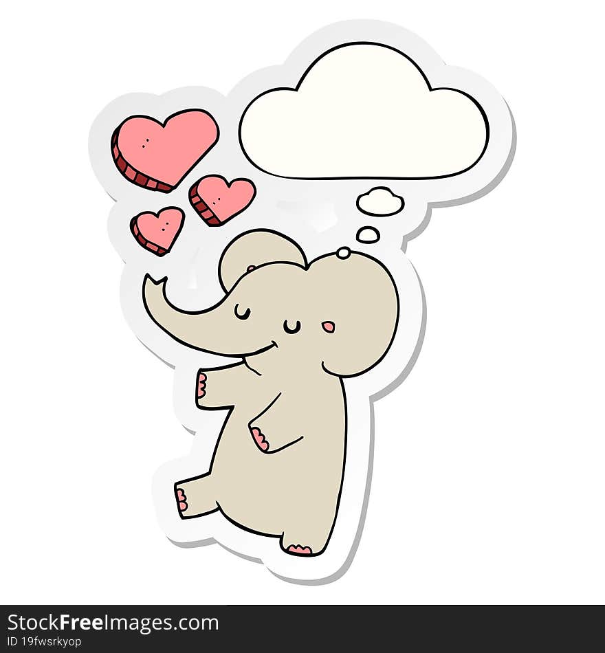 cartoon elephant with love hearts with thought bubble as a printed sticker