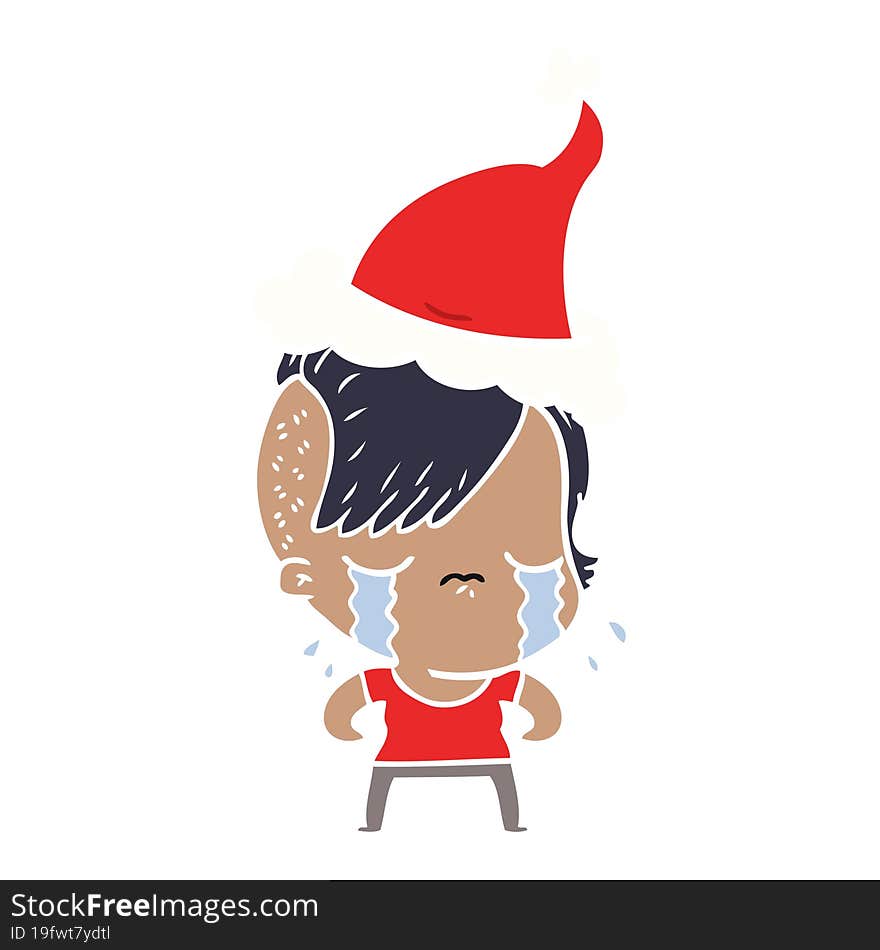 flat color illustration of a crying girl wearing santa hat