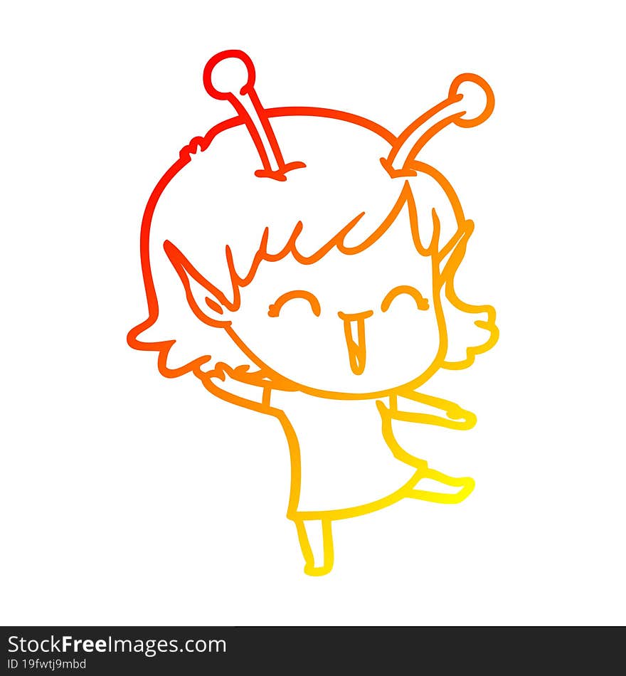 warm gradient line drawing of a cartoon alien girl laughing