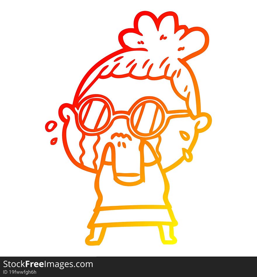 Warm Gradient Line Drawing Cartoon Crying Woman Wearing Sunglasses