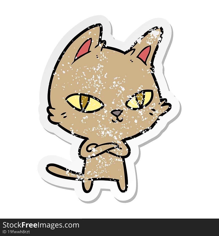 distressed sticker of a cartoon cat staring