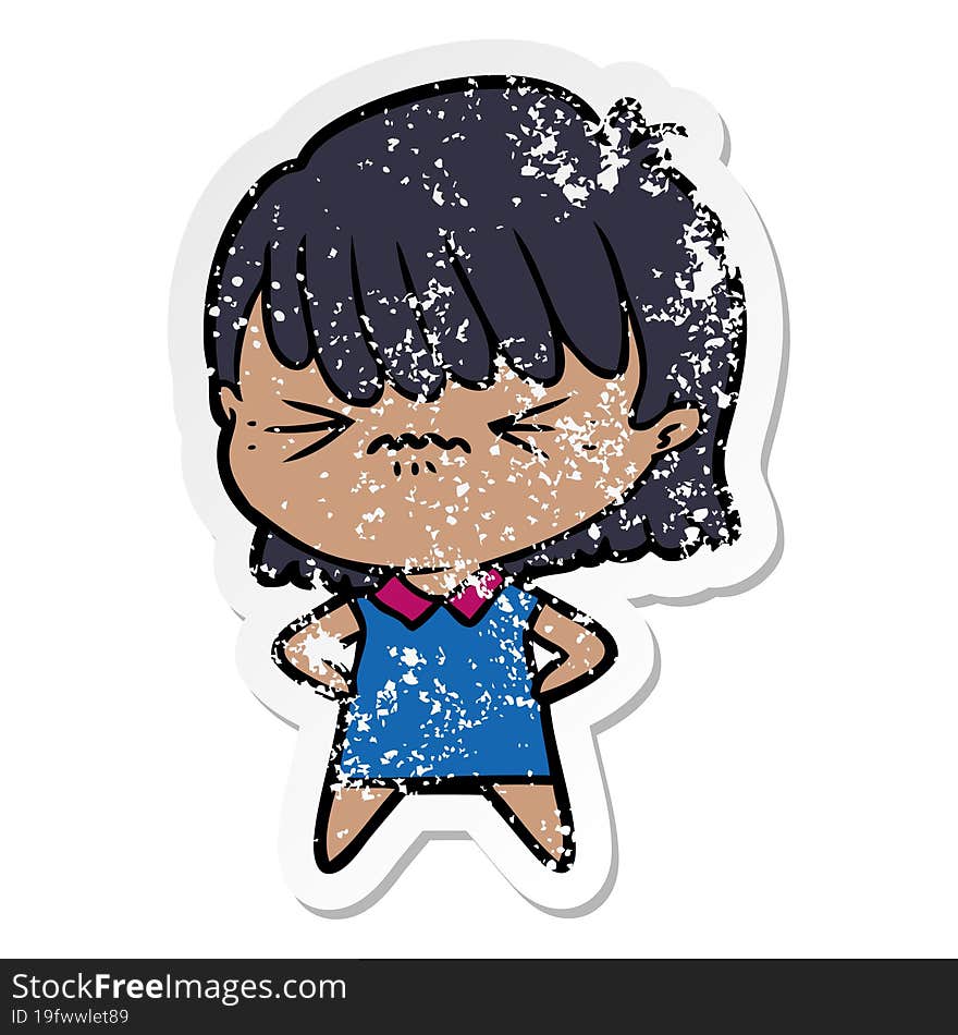 distressed sticker of a annoyed cartoon girl