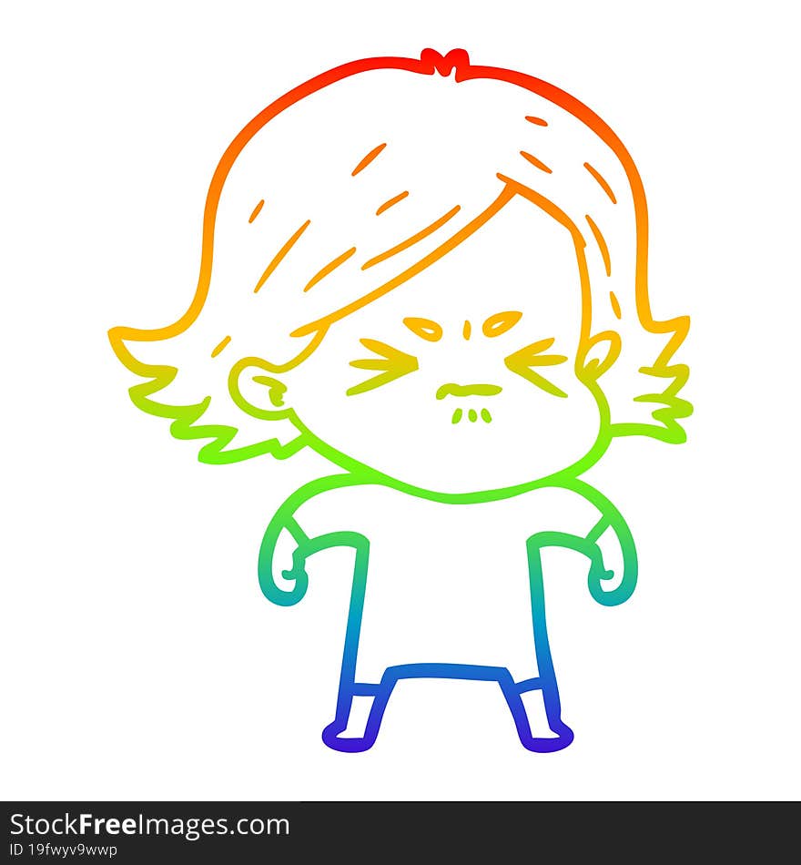 rainbow gradient line drawing of a cartoon angry woman