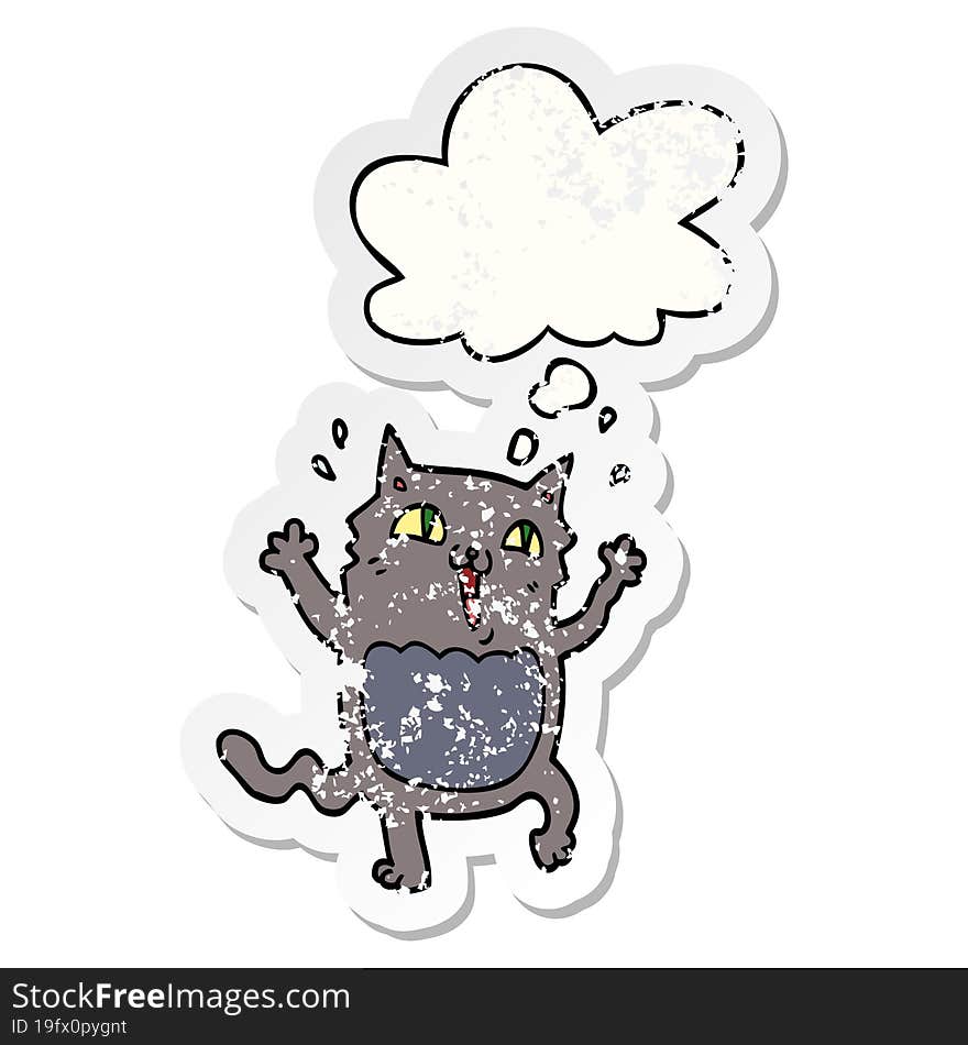 Cartoon Crazy Excited Cat And Thought Bubble As A Distressed Worn Sticker