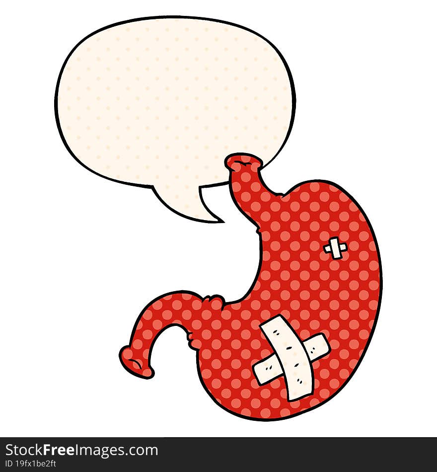 cartoon stomach with speech bubble in comic book style