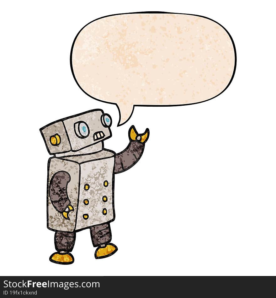 cartoon robot and speech bubble in retro texture style