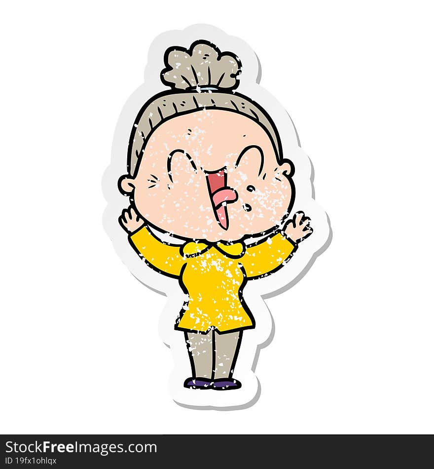 distressed sticker of a cartoon happy old woman