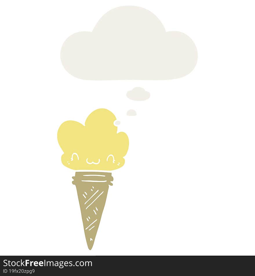 Cartoon Ice Cream With Face And Thought Bubble In Retro Style