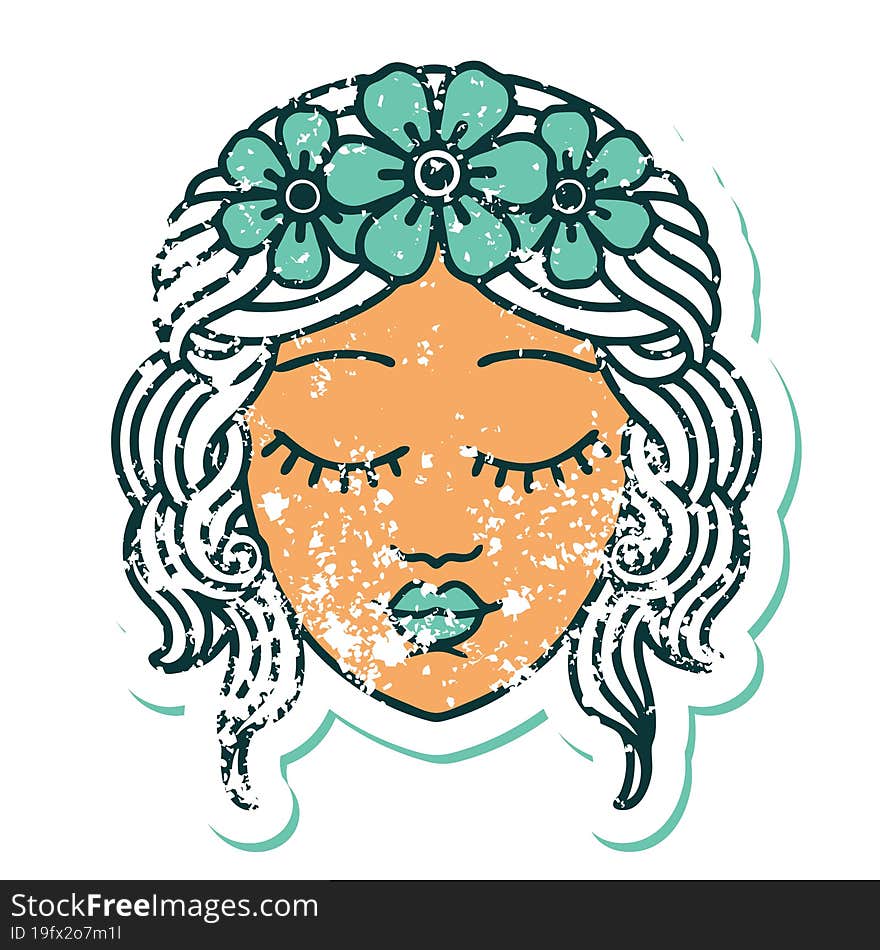 distressed sticker tattoo style icon of a maidens face