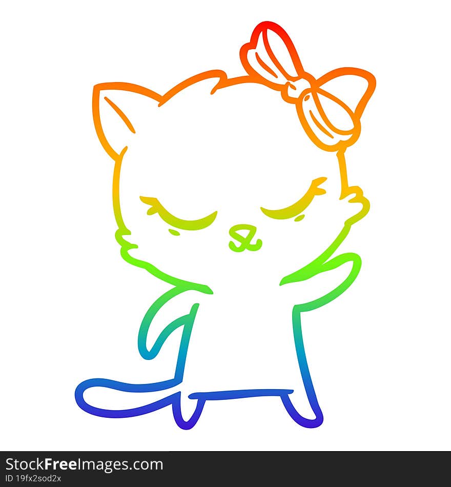 rainbow gradient line drawing of a cute cartoon cat with bow