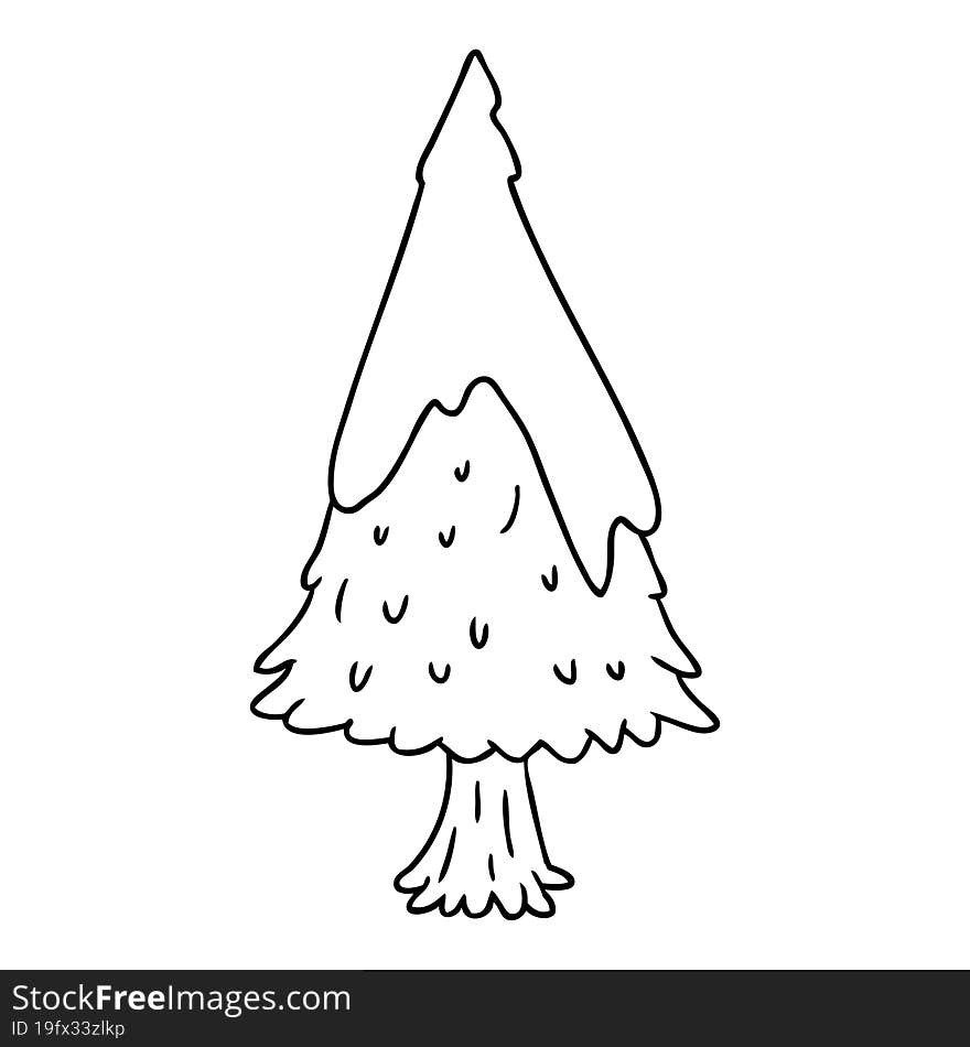 hand drawn line drawing doodle single snow covered tree