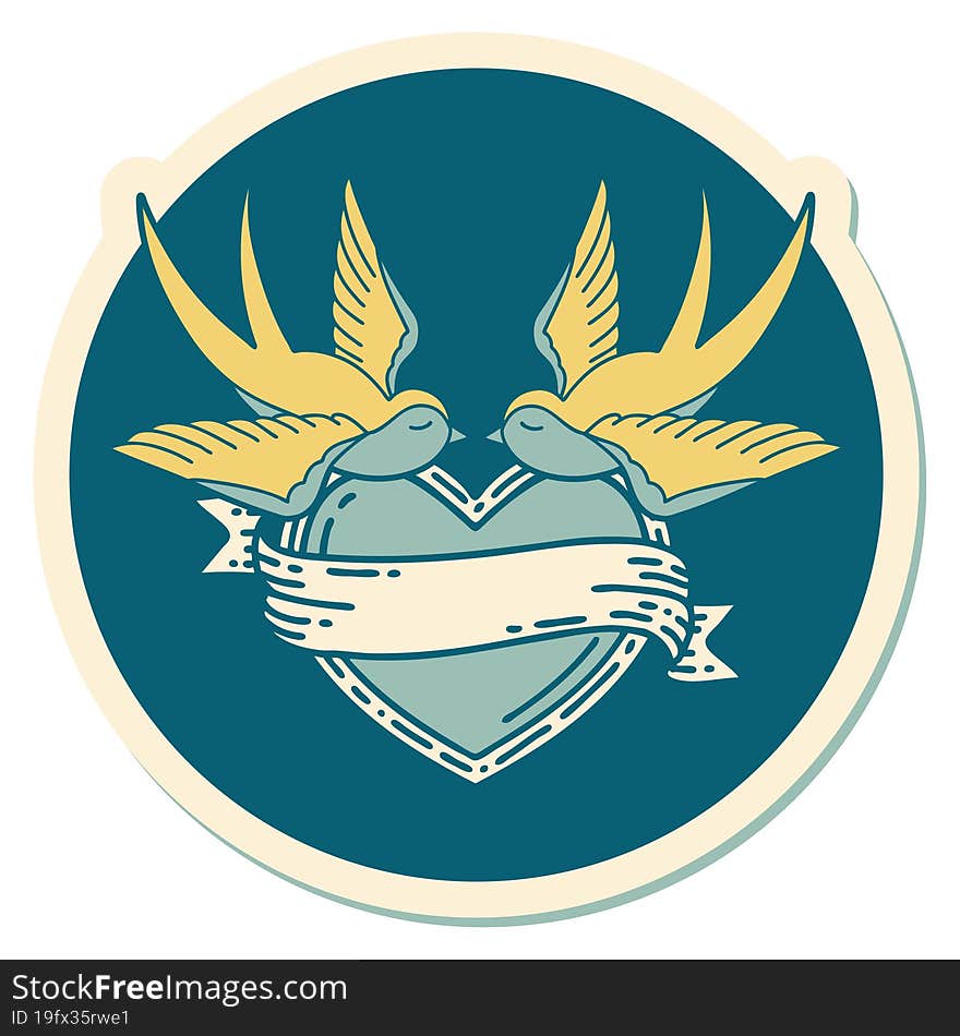 sticker of tattoo in traditional style of swallows and a heart with banner. sticker of tattoo in traditional style of swallows and a heart with banner